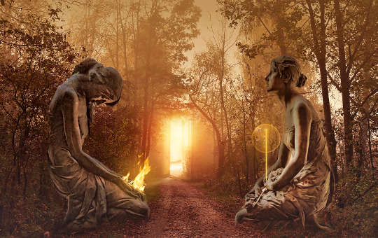 The Collective Rite of Passage That Is Climate Change two figures facing each other in a forested area in front of a portal of light